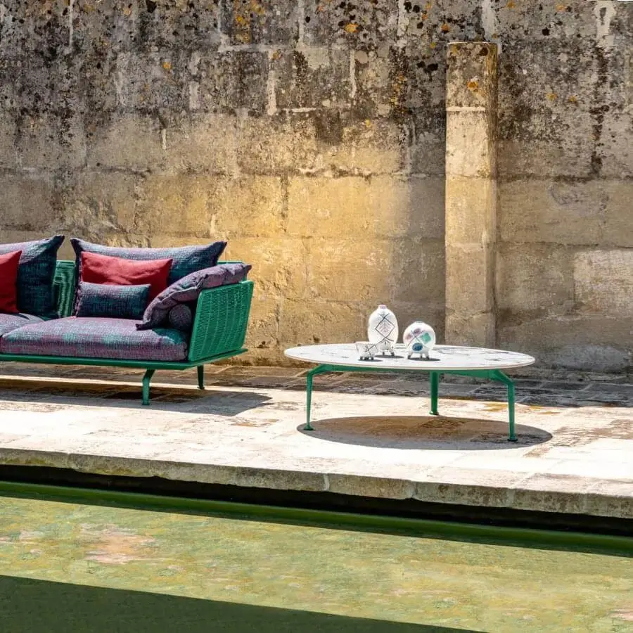 Elegant Talenti Cruise coffee table with Calacatta porcelain stoneware top and muted green matte solid aluminum structure