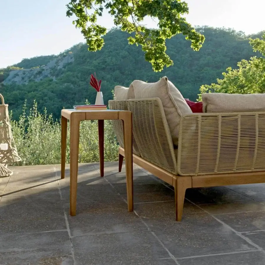 Distinguished Talenti Cruise sofa back console crafted with teak wood and Capraia porcelain stoneware top