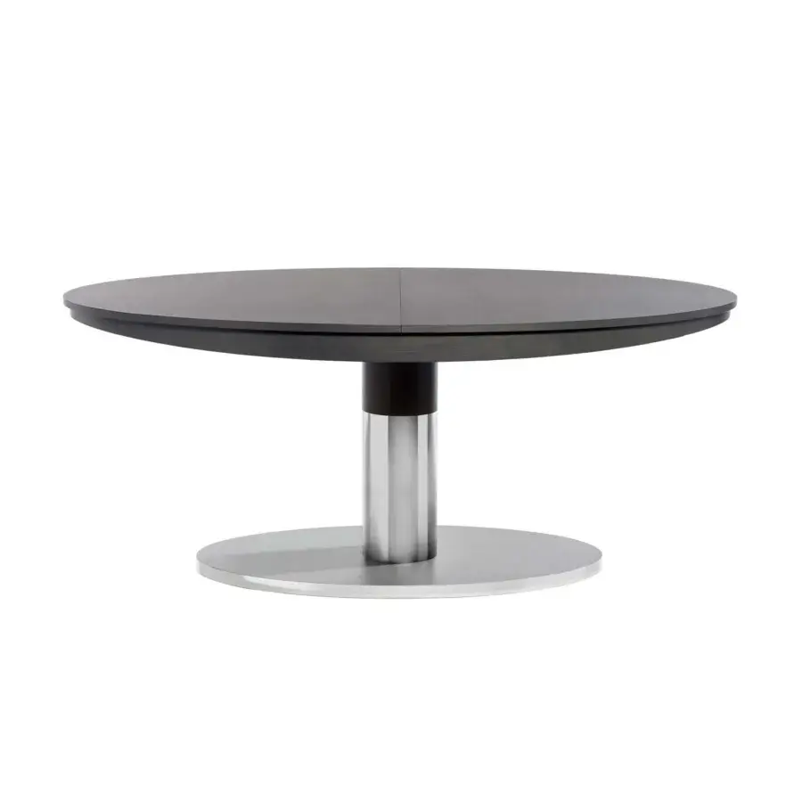 Elegant Potocco Diva table with a round wooden top and striking pedestal base crafted in dark matte finish with polished metal accents
