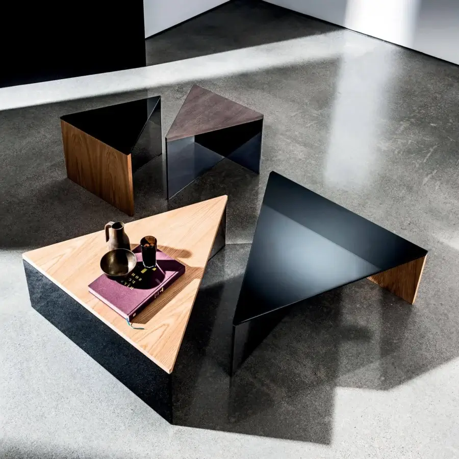 Superior Sovet Italia Regolo coffee table with a triangular wood top and dark gray matte metal base crafted in smoked and black laminated glass