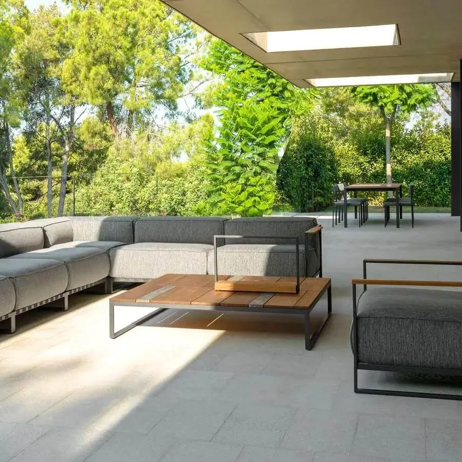 Distinguished Talenti Casilda coffee table with warm brown wood and dark gray powder-coated stainless steel frame crafted in Italy