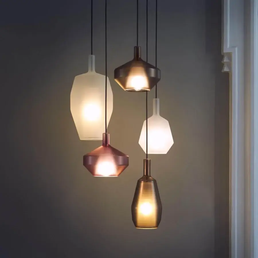 Exclusive Penta MoM suspension lamp crafted with metal and matt borosilicate glass in warm gold tones with a frosted milky white shade
