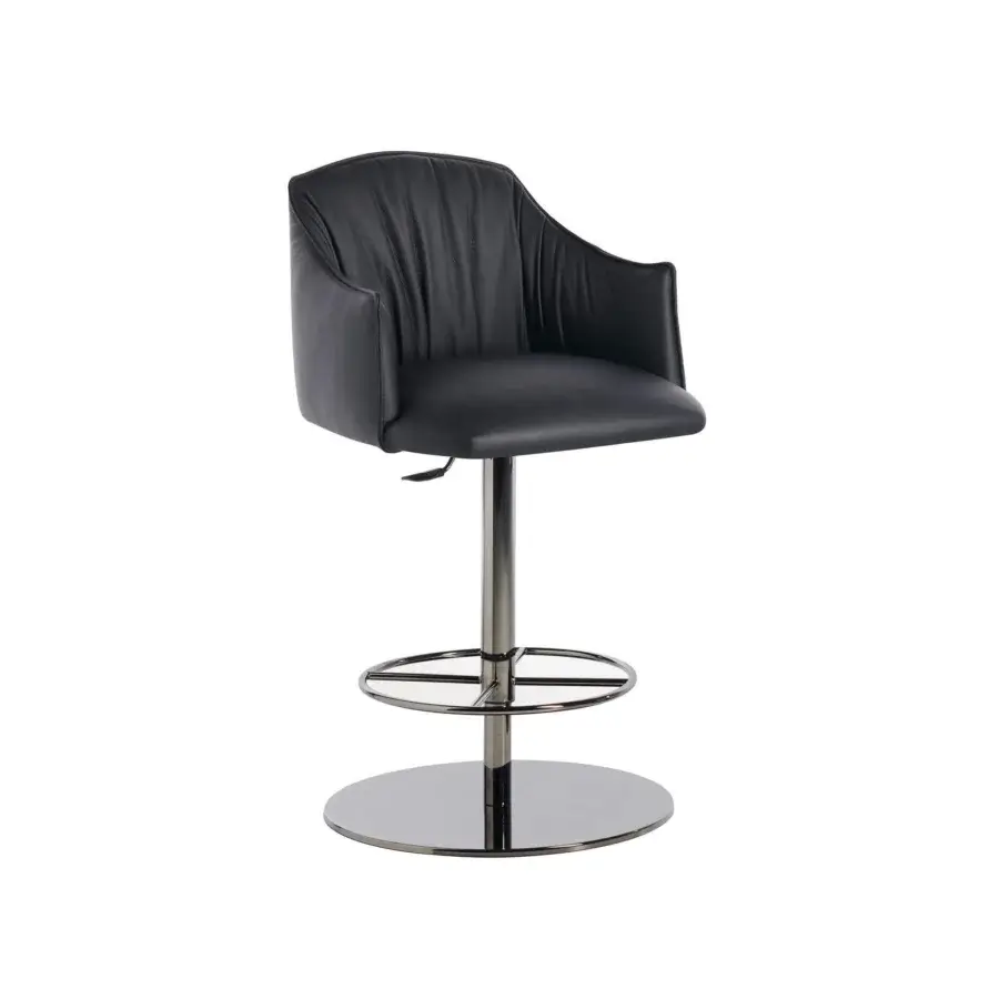 Refined Potocco Blossom stool with padded seat and backrest in smooth matte black synthetic material and polished metal base