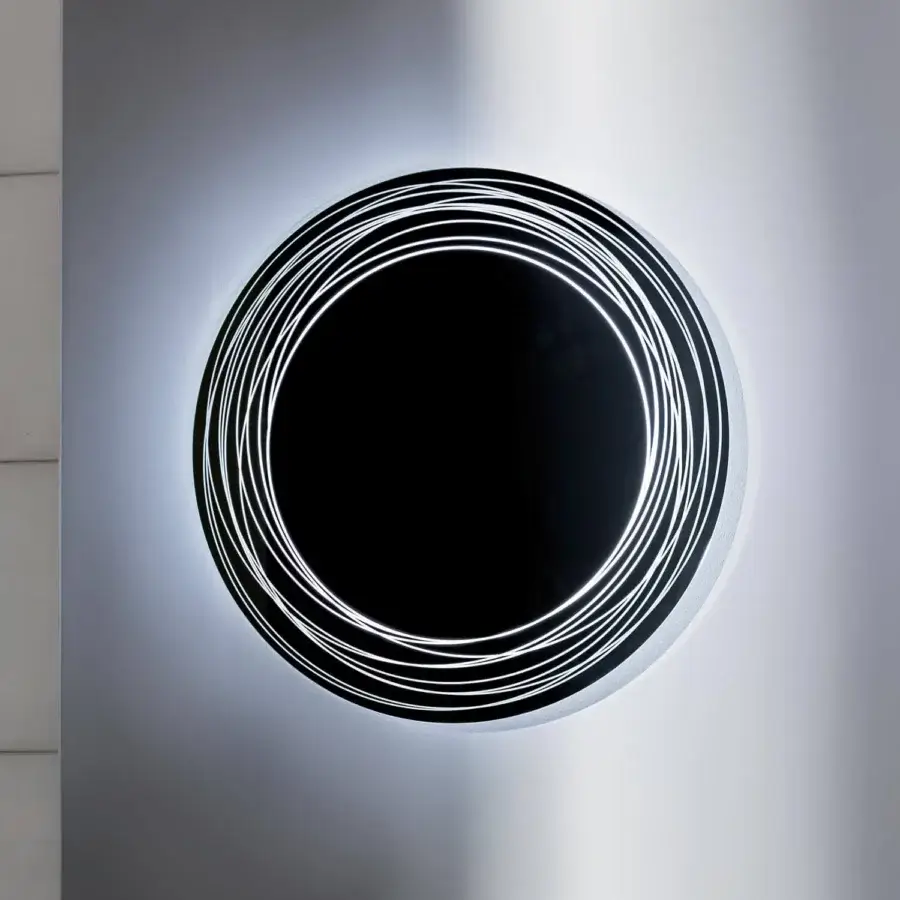 Superior Sovet Italia Vertigo mirror crafted with glass and black rings in a glossy finish