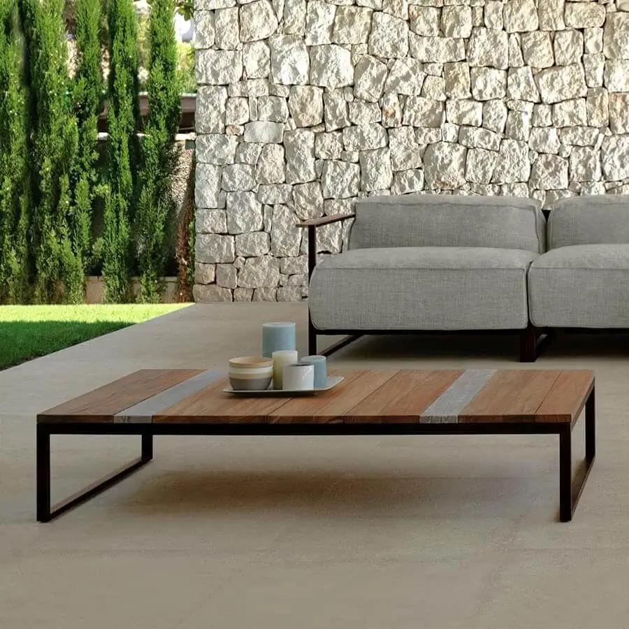 Refined Talenti Casilda coffee table with rectangular wood top and cool grey stone inserts in a satin finish