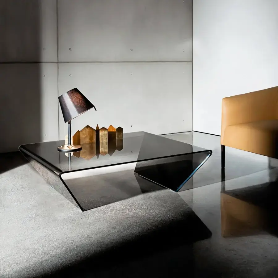 Superior Sovet Italia Rubino coffee table crafted in bent glass with a smoky gray glossy finish and geometric form