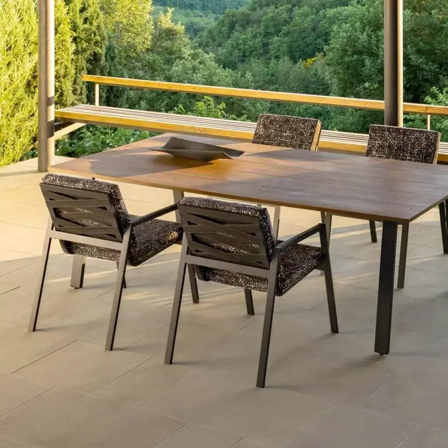 Stylish Talenti Cottage armchair with dark brown woven textile cushions and matte dark gray aluminum frame