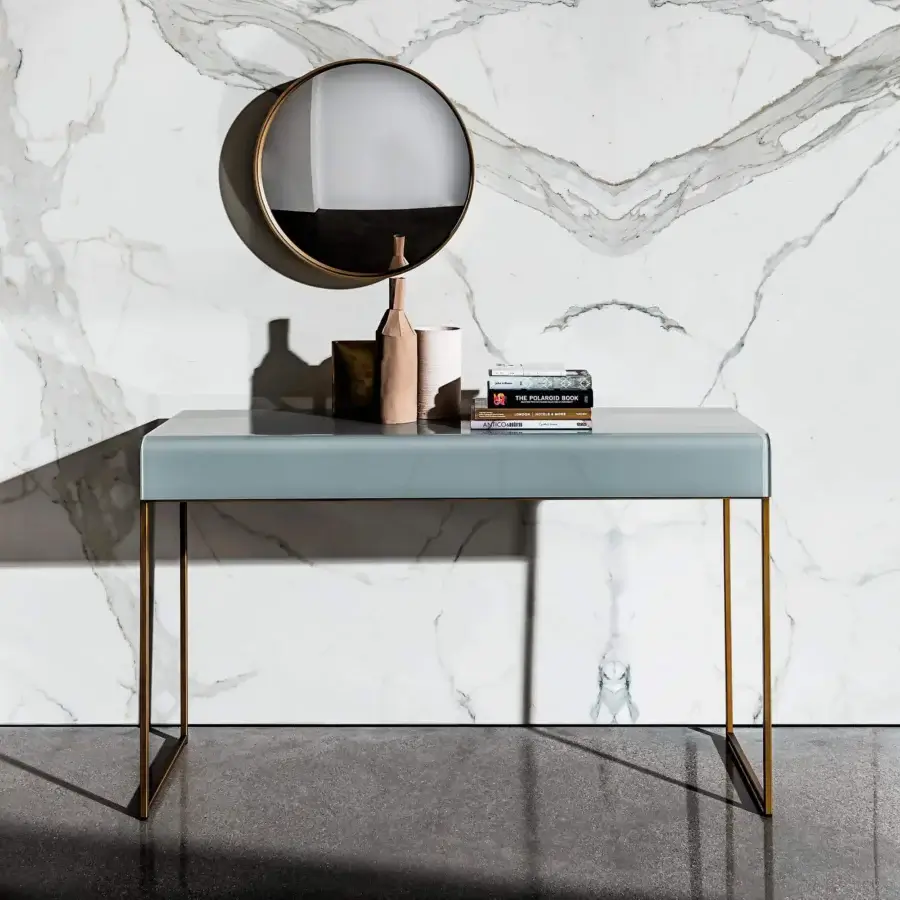 Lavish Sovet Italia Nido console with lustrous lacquered glass tabletop and polished chrome legs