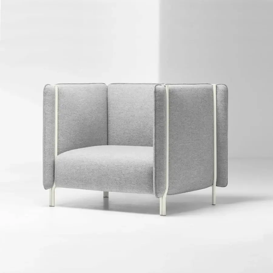 Sophisticated LaCividina Pinch Lounge Chair with light gray textured textile and satin-finish metal perimeter
