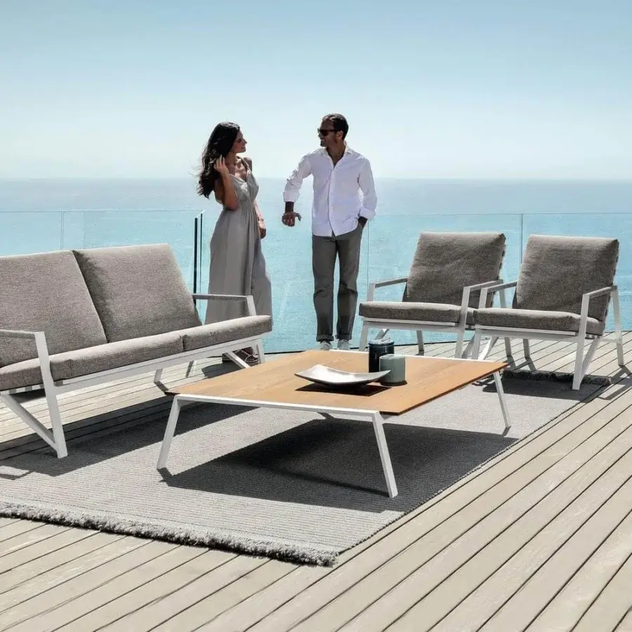 Elegant Talenti Cottage coffee table with iroko wood top and matte white aluminum frame crafted in Italy