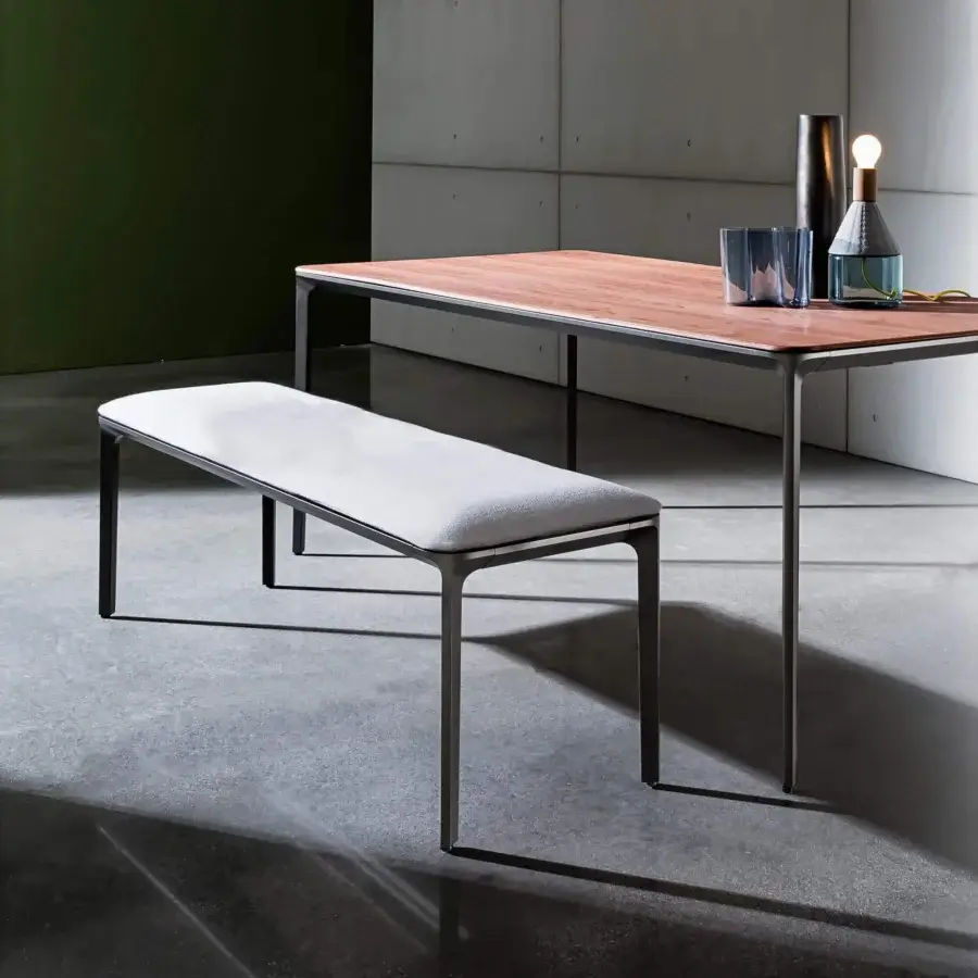 Refined Sovet Italia Slim bench with light gray European fabric upholstery and polished chrome die-cast aluminum frame
