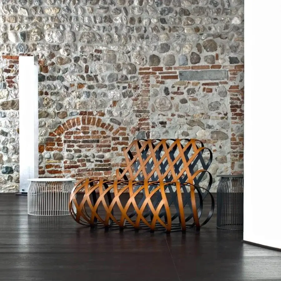 Distinctive LaCividina Aria lounge chair with interwoven satin-finished brown wood and comfortable charcoal textile within a matte gray metal base