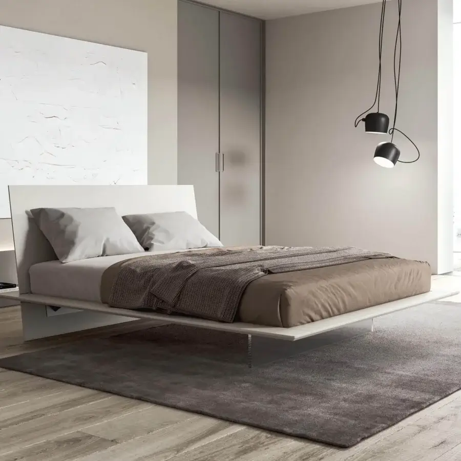 Superior Presotto Plana bed with rectangular profile crafted in particleboard and beech, finished with a matte beige-gray lacquer