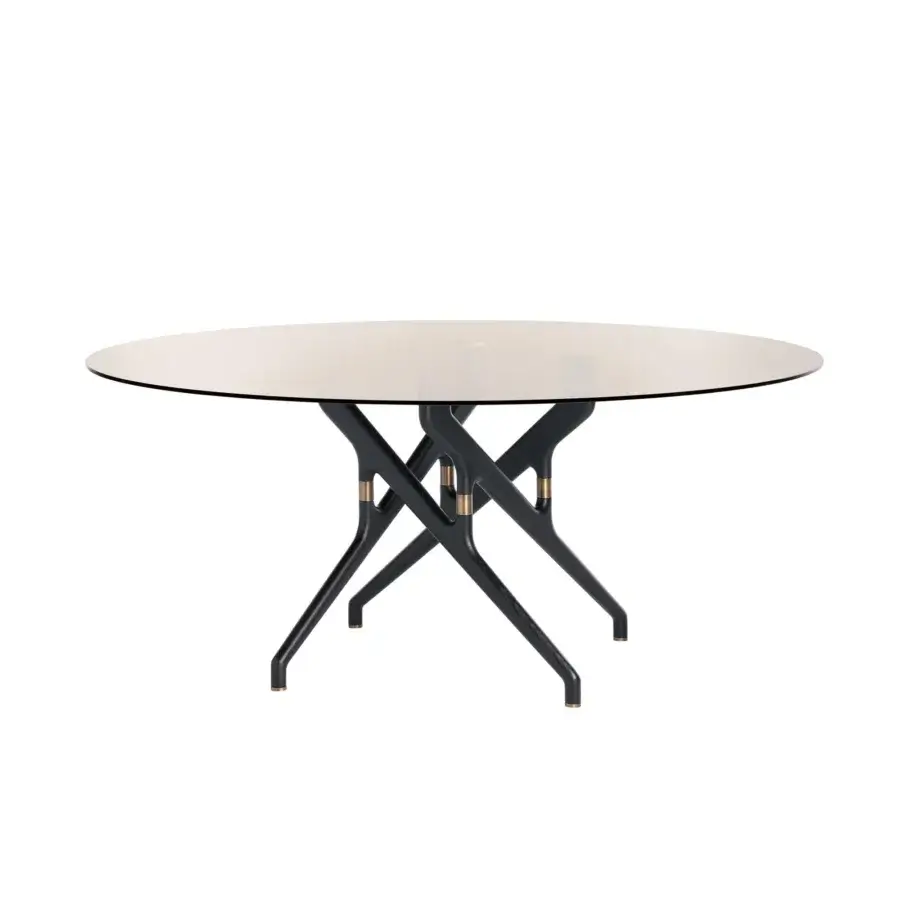 Exceptional Potocco Torso table with round glass top and solid ash or Canaletto walnut base crafted with burnished brass details