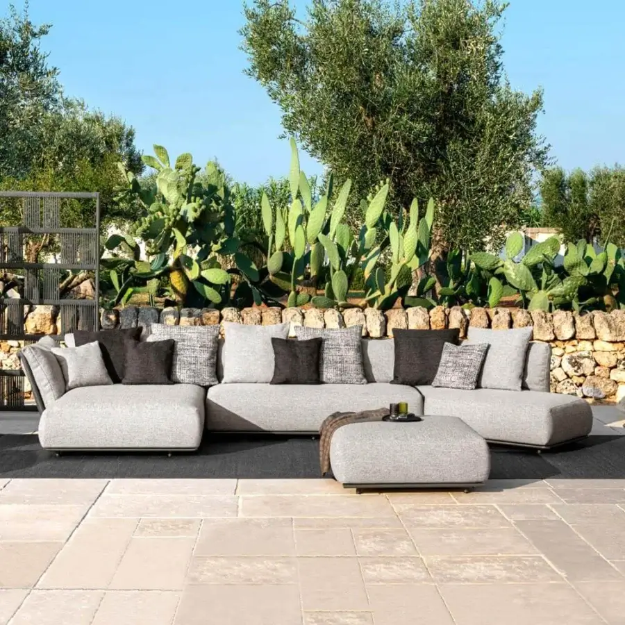 Exceptional Talenti Scacco sectional with woven rope detailing and quick dry cushions in neutral gray fabric