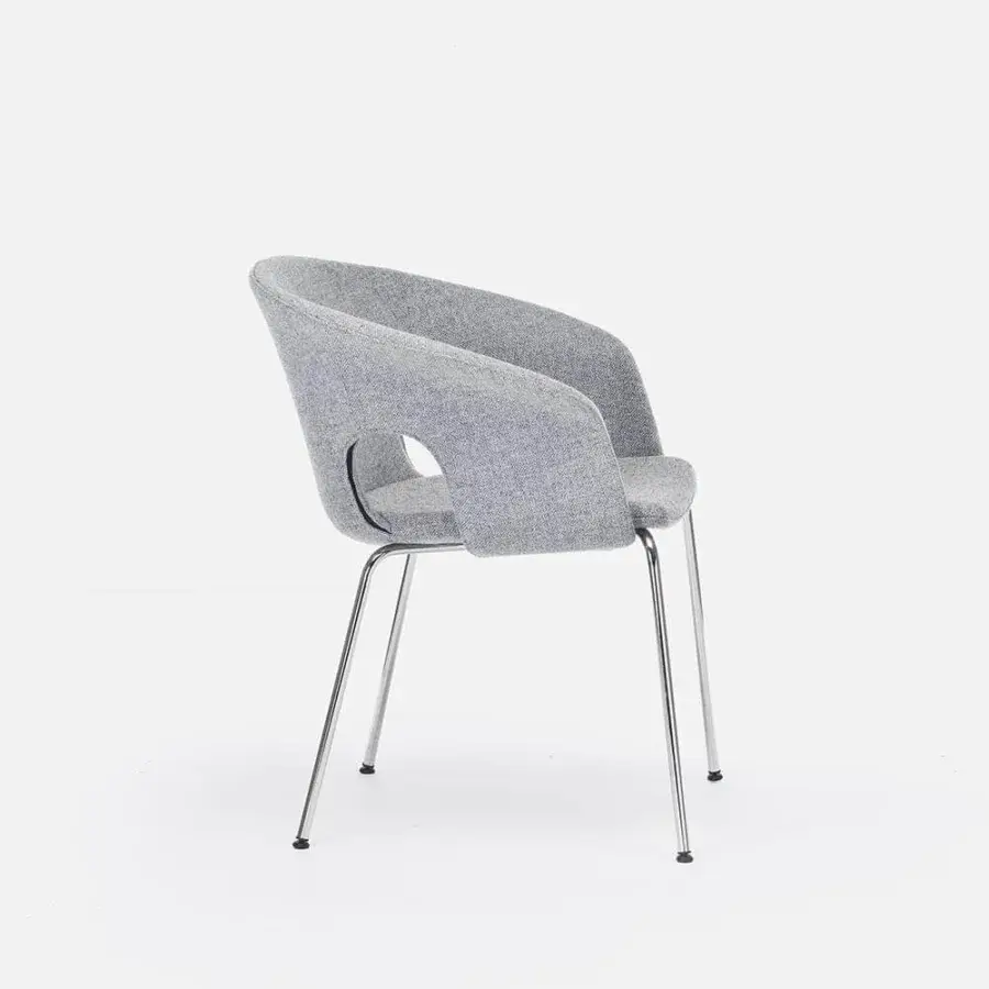 Stylish LaCividina Bennett armchair with molded plywood shell and light gray heathered textile upholstery with bright chrome metal legs