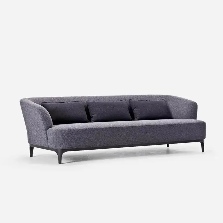 Sophisticated LaCividina Elle sofa with gently curved form upholstered in medium-dark fabric or leather and dark satin-finish painted wood base