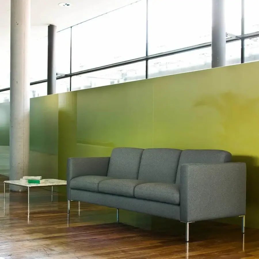 Distinguished LaCividina Any Time sofa with medium gray woven fabric upholstery and chrome-plated metal legs