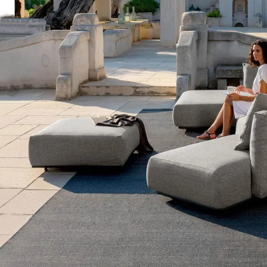 Sophisticated Talenti Scacco ottoman with quick dry foam cushion and durable aluminum base in medium gray fabric