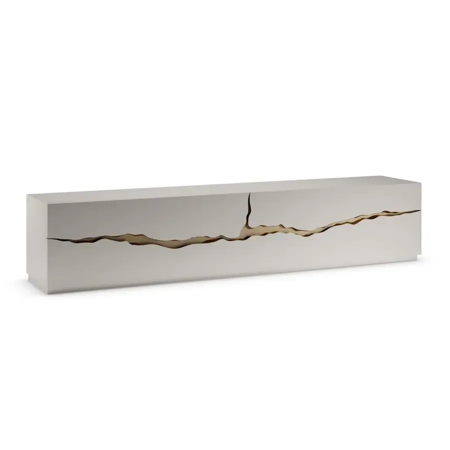 Distinguished Reflex Impact sideboard with a matte synthetic surface and golden metal interior revealed by a deliberate crack