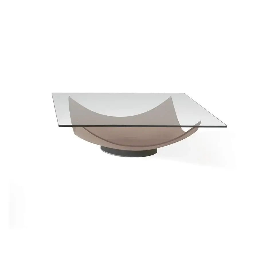 Exceptional Reflex Vela coffee table with tinted glass top and satin-finish curved brown lacquered glass base
