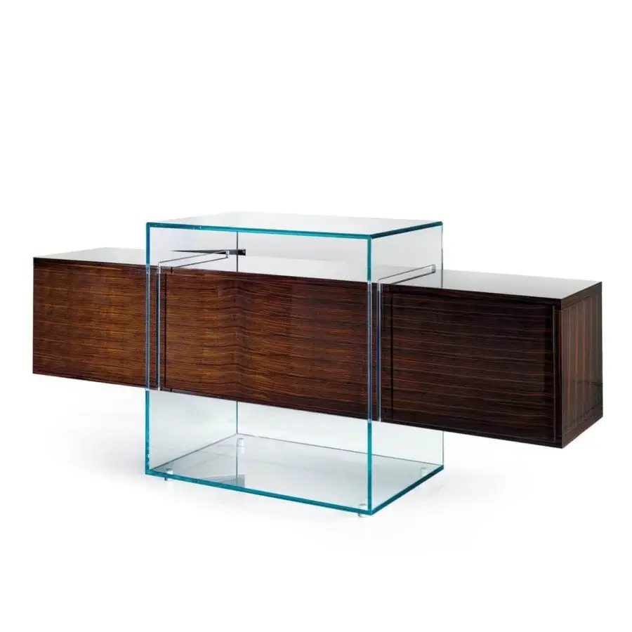 Distinguished Reflex Kubo sideboard crafted in luxury Canaletto walnut with a satin finish and extra clear glass support