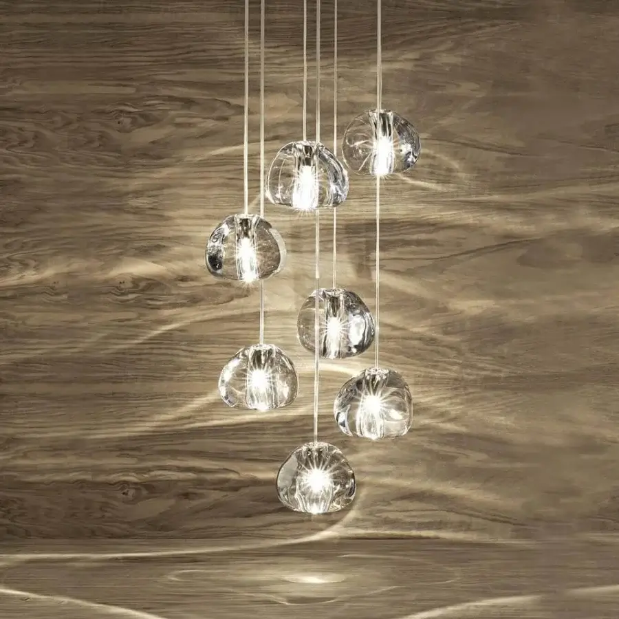 Distinguished Terzani Mizu Multi Light suspension lamp with unique crystal glass shades and delicate light-colored metal cords crafted in Italy
