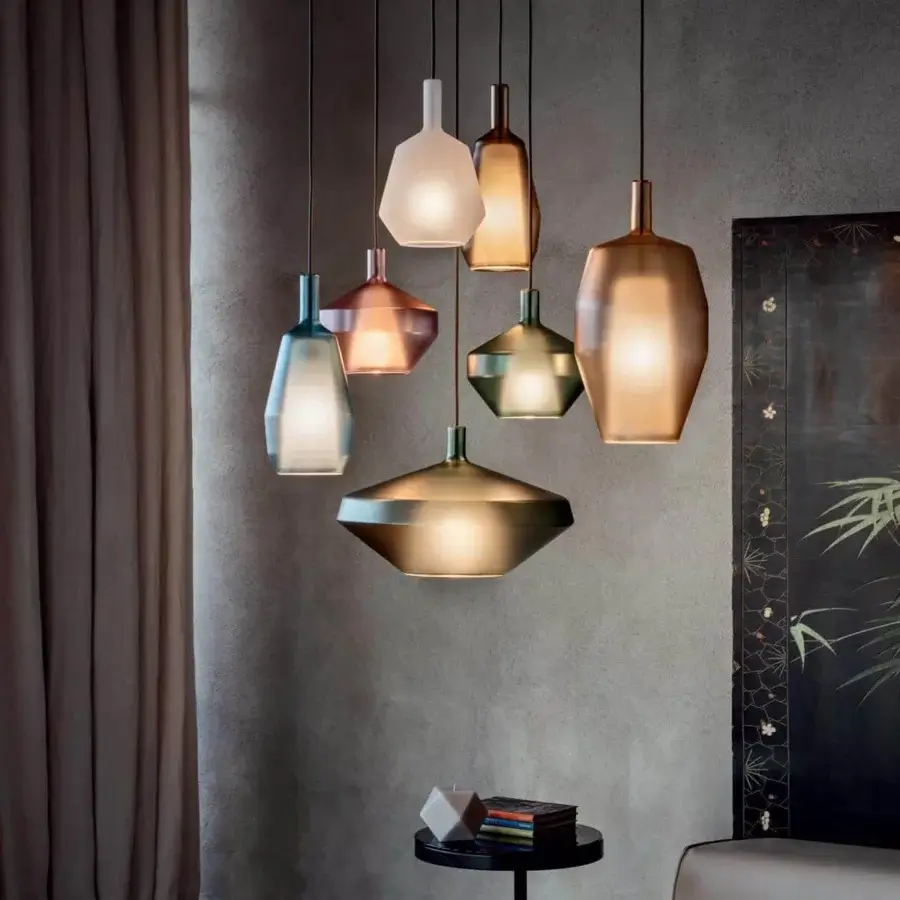 Superior Penta MoM suspension lamp in translucent amber borosilicate glass and metal with satin finish