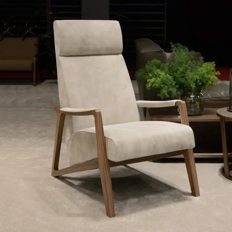 Distinguished 4 Mariani Barley lounge chair with black walnut wood frame and neutral beige textile upholstery finished with natural wax