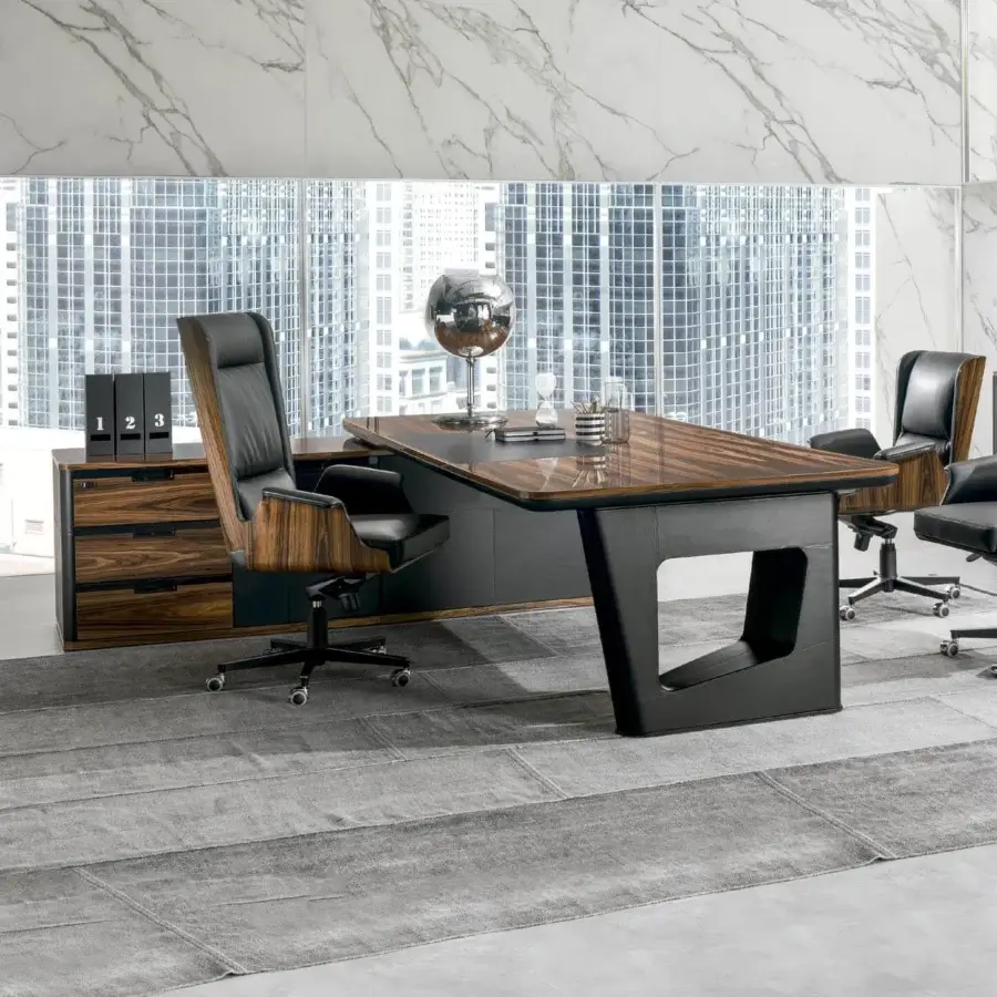 Sophisticated 4 Mariani Avatar desk crafted in black walnut wood with satin finish and geometric pedestal base