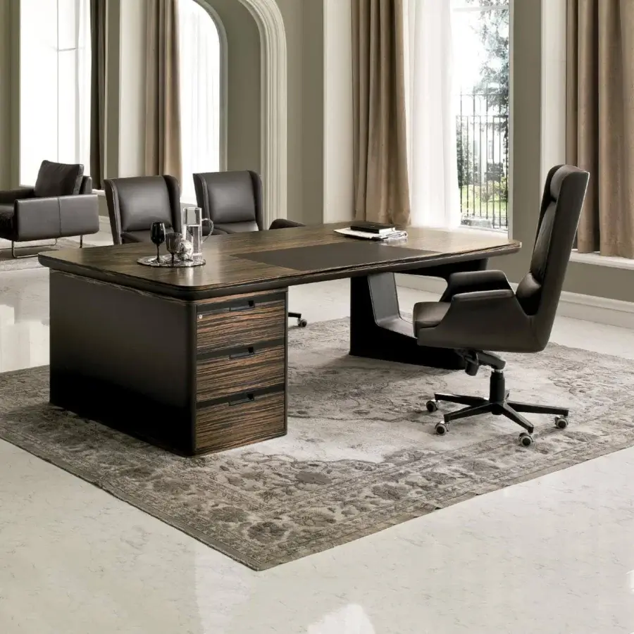 Sophisticated 4 Mariani Avatar desk with dark brown striped walnut wood tabletop and glossy leather inlay built with a pedestal base