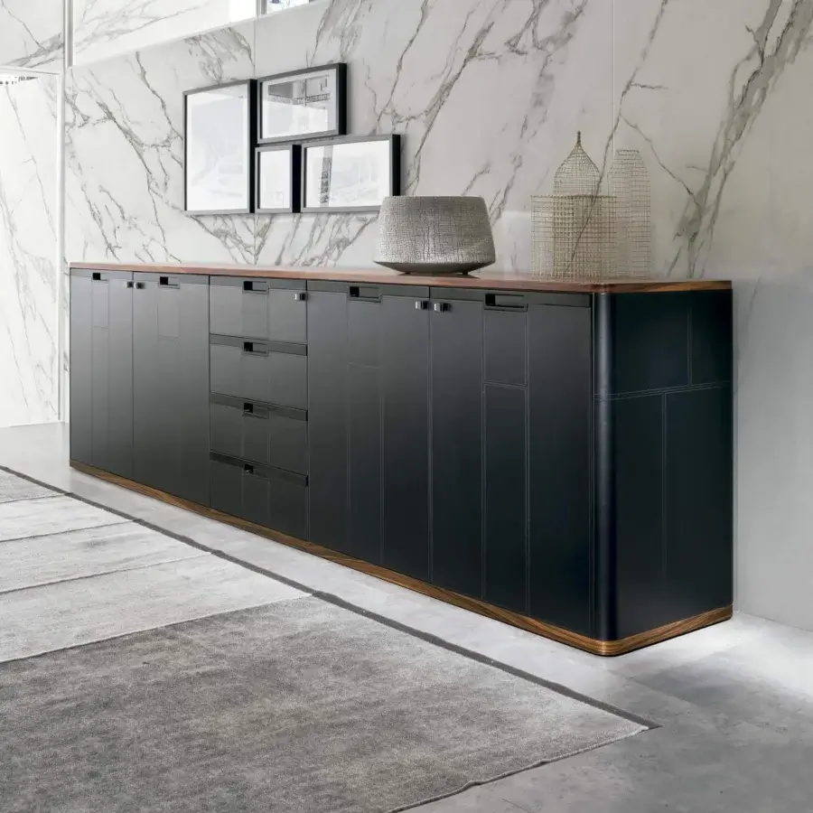 Distinguished 4 Mariani Avatar sideboard crafted in supple leather with a refined black walnut wood top and base