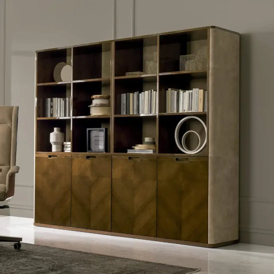 Exceptional 4 Mariani Avatar bookcase built in black walnut wood with grey leather and a satin finish