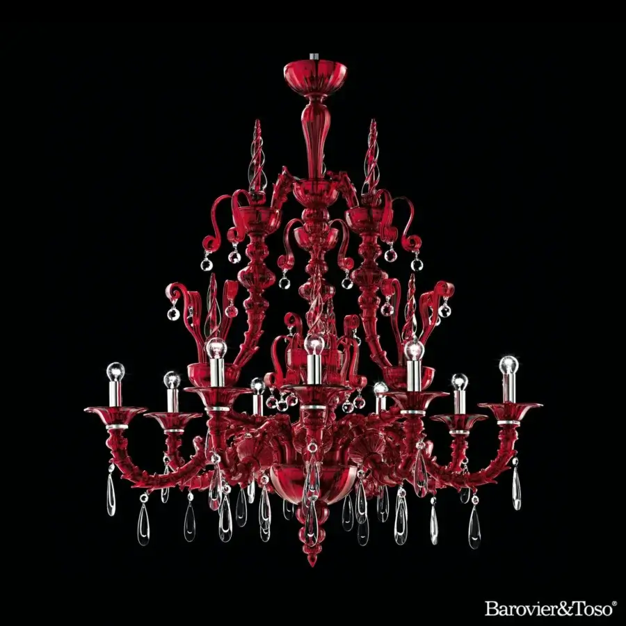 Distinguished Barovier&Toso Dhamar chandelier crafted in richly colored glass with glossy finish and clear glass details