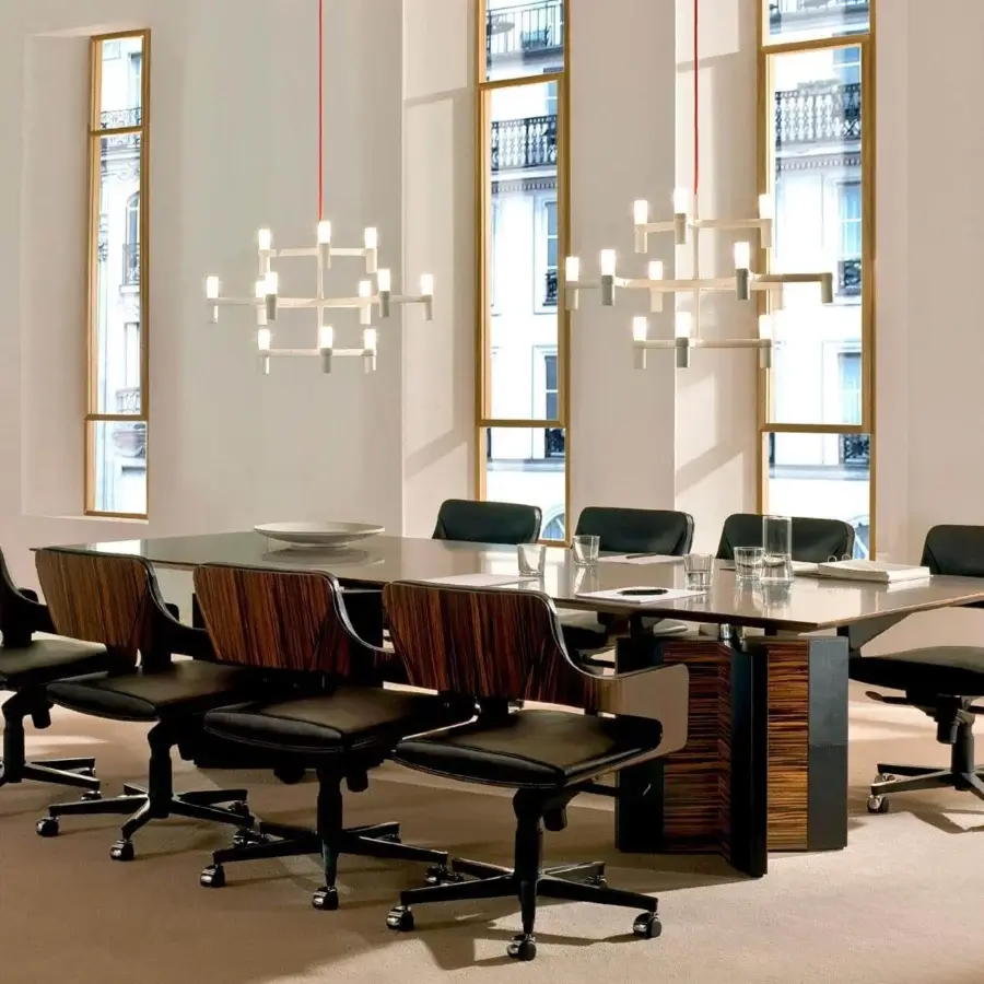 Superior 4 Mariani De-Symetria conference table with reddish-brown wood and clear glass panels in satin finish