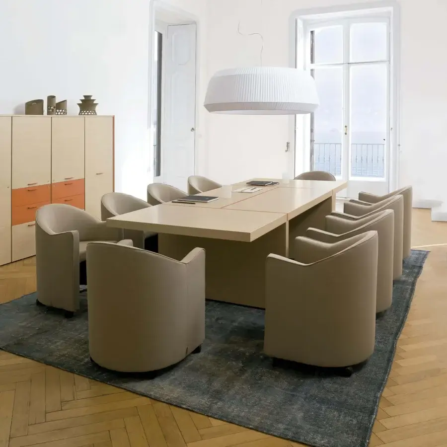 Elegant 4 Mariani Blade table crafted in natural oak wood with a satin finish and darker accent