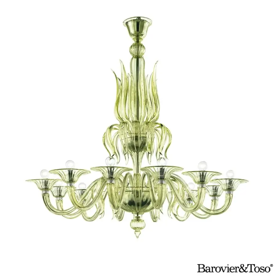 Exquisite Barovier&Toso Fauve chandelier crafted in pale yellow-green glass with darker accents and a dark metal structure