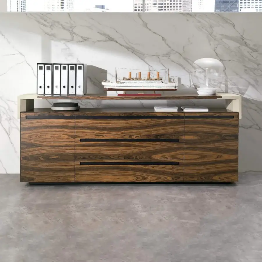 Superior 4 Mariani Crossing cabinet built with medium-dark brown wood, saddle leather supports, and a satin finish