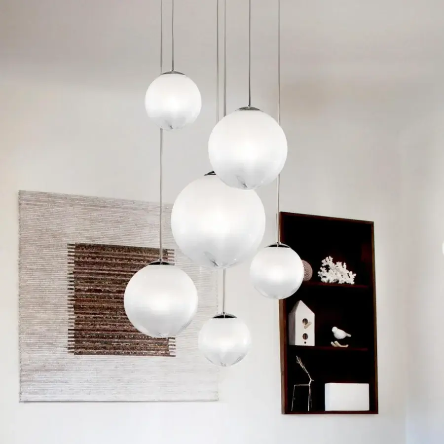 Exclusive Vistosi Puppet suspension lamp crafted in translucent white blown glass with silver-toned metal rods and original ‘dégradé’ finish