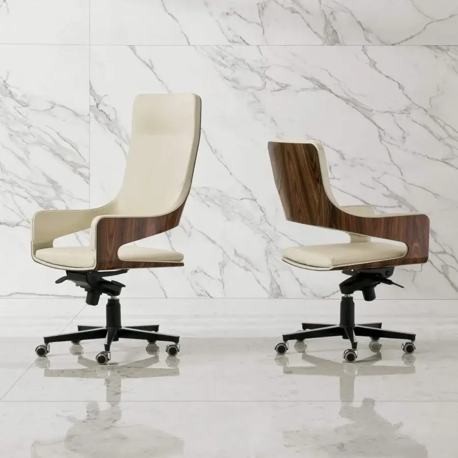 Distinguished 4 Mariani Silhouette armchair with dark brown satin wood shell and light beige fabric upholstery with a black metal swivel base