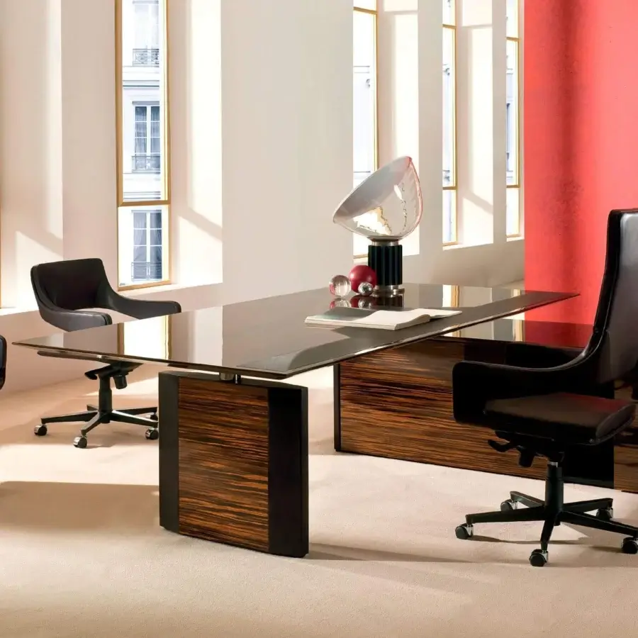Superior 4 Mariani De-Symetria desk with striped veneered wood, saddle leather detailing and polished metallic accents