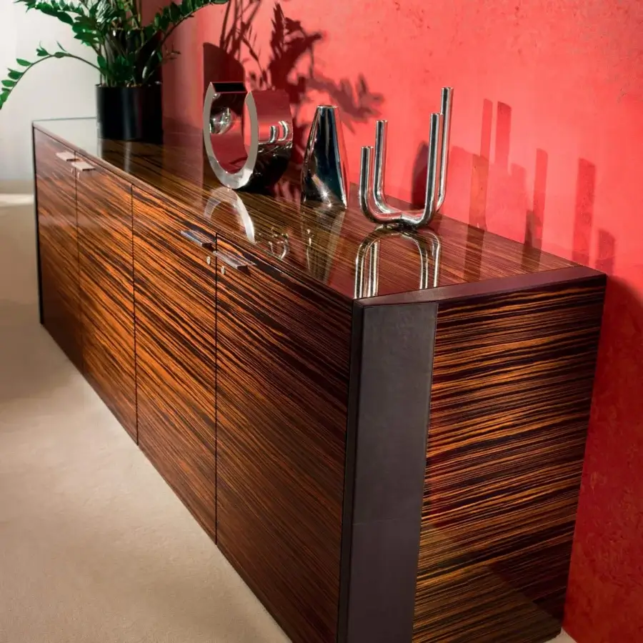Exceptional 4 Mariani De-Symetria sideboard with dark brown veneer, nearly black melamine, polished aluminum hardware and high-gloss finish