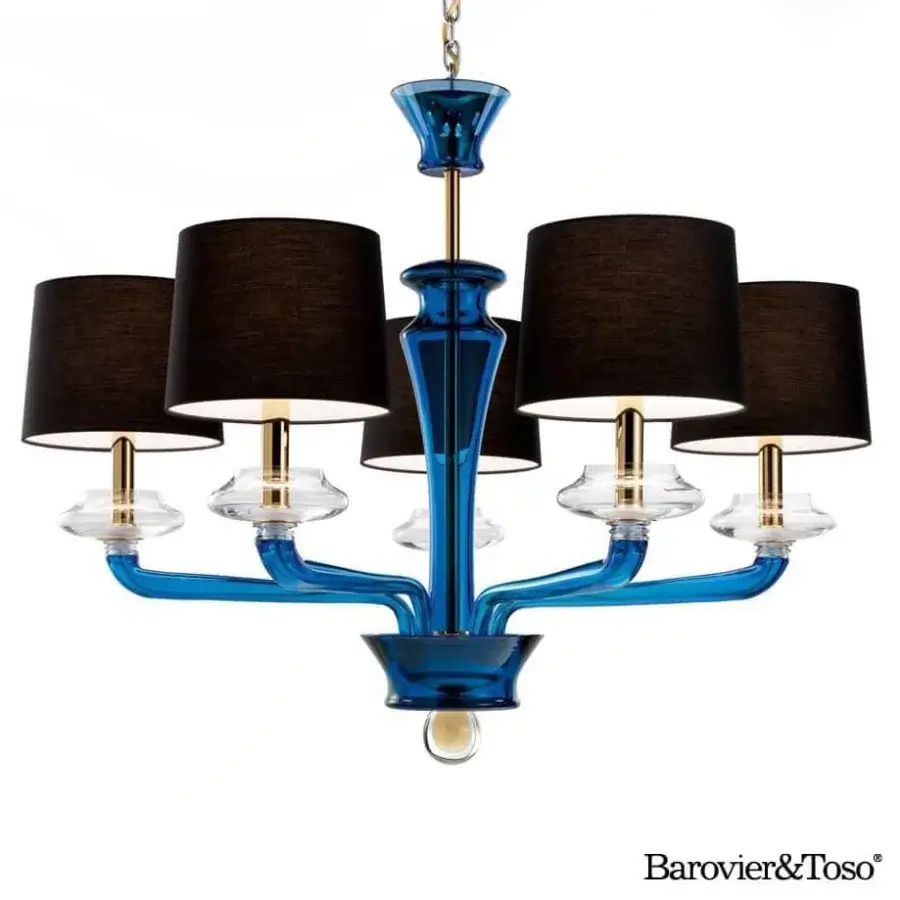 Distinguished Barovier&Toso Saint Germain suspension lamp in blue glass with gold metal accents and dark textile shades crafted with a glossy finish