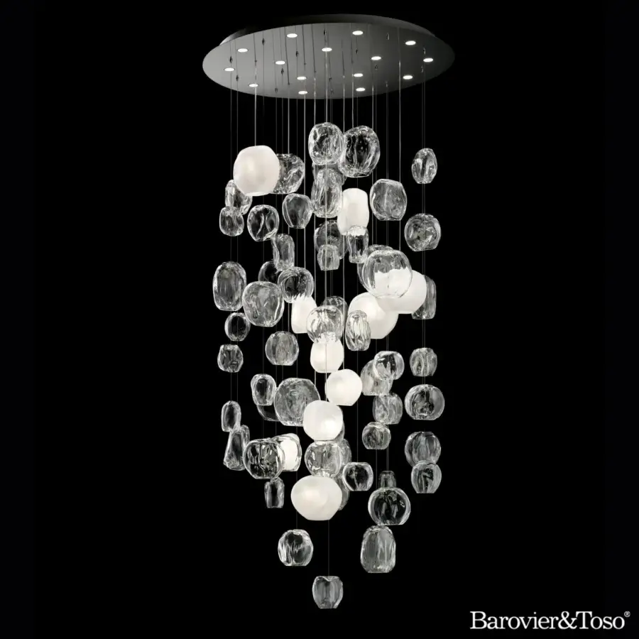 Distinguished Barovier&Toso Hanami ceiling lamp crafted in clear glass with a satin metal finish, resembling blossoming flowers