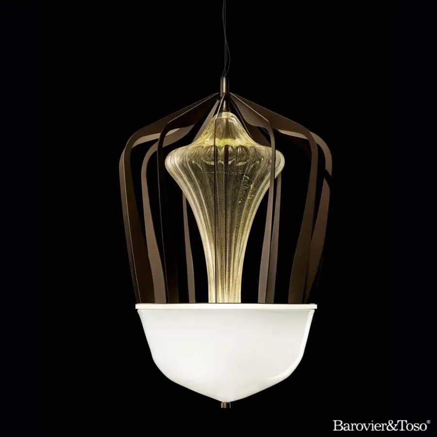 Captivating Barovier&Toso Robin suspension lamp with a golden hand-blown glass element and dark satin metal cage