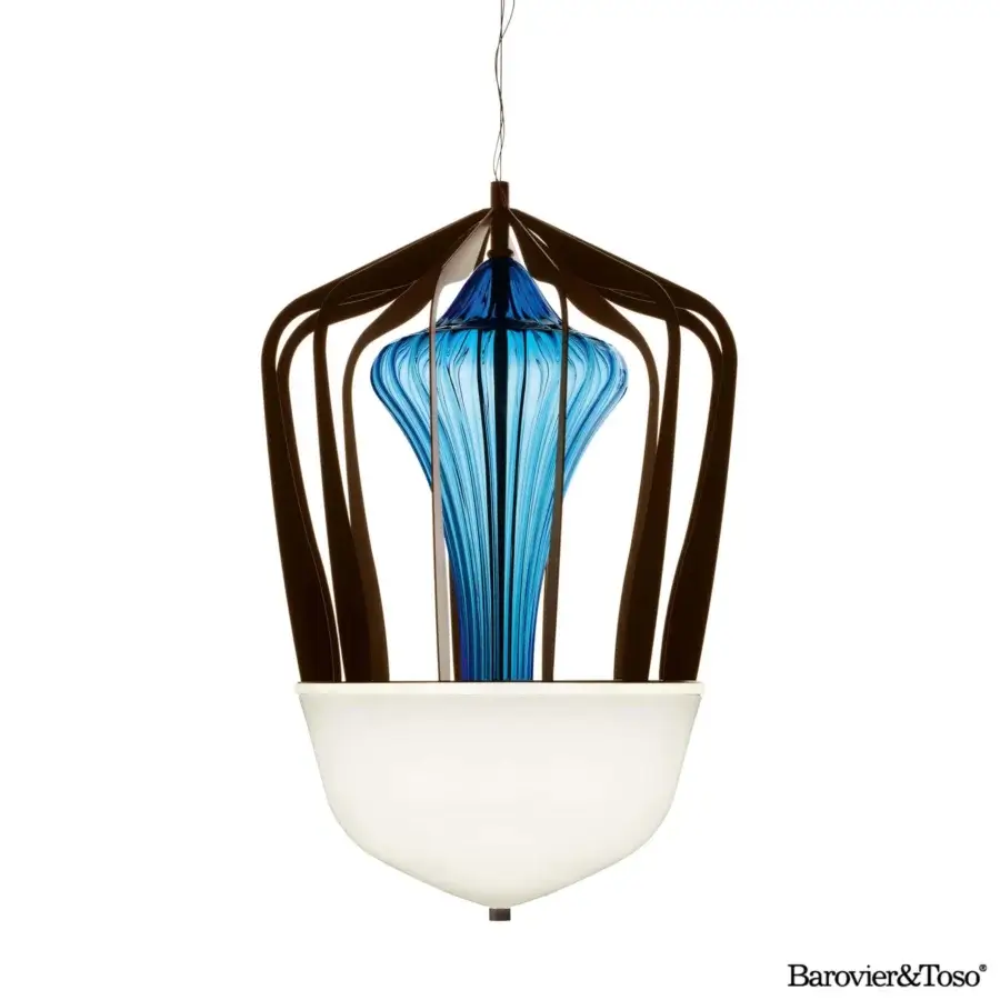 Distinguished Barovier&Toso Robin suspension lamp with sculpted blue ridged glass and a satin finished dark toned metal cage