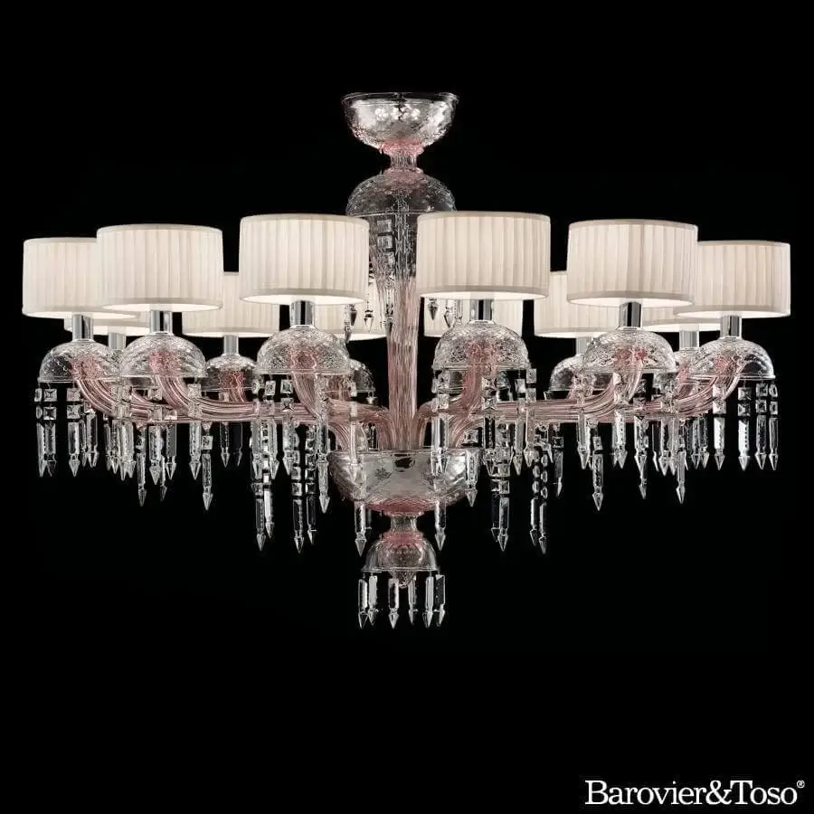 Exclusive Barovier&Toso Premiére Dame chandelier with pale pink and clear crystal crafted in a light metal framework and cream textile shades