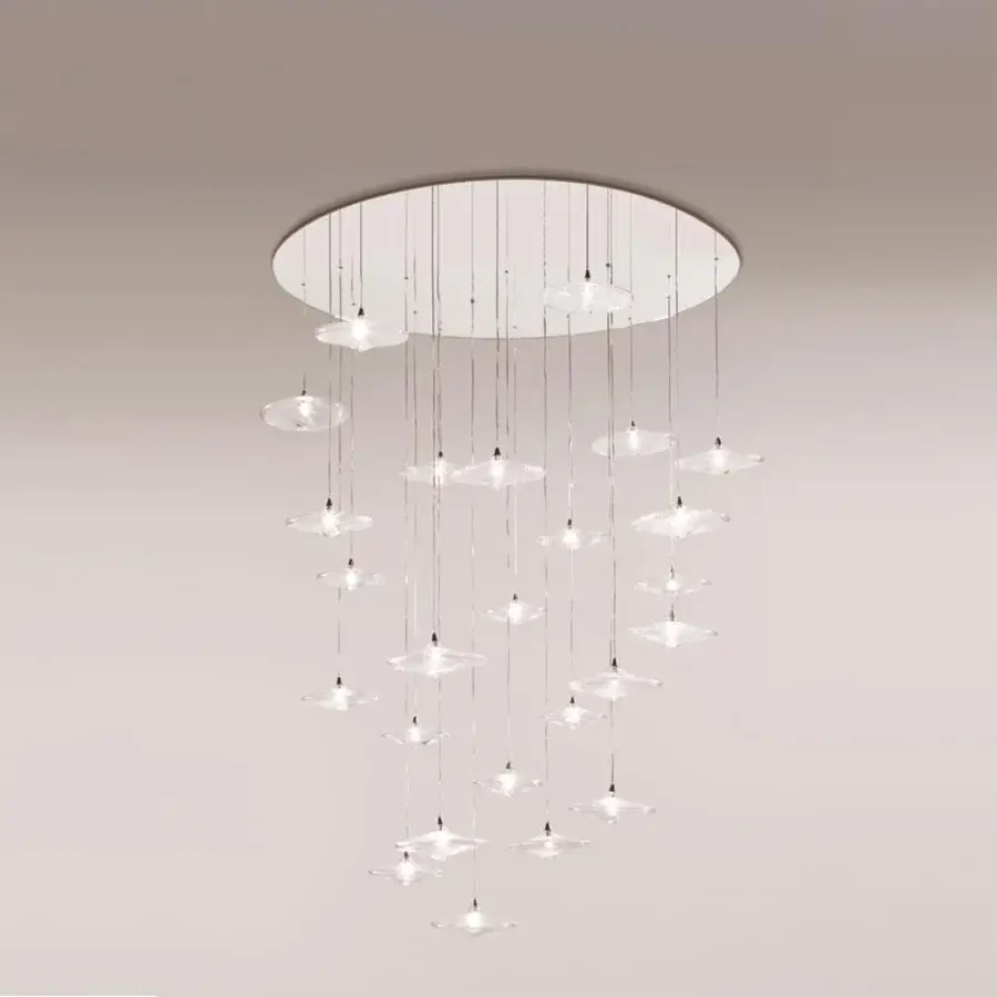 Elegant Reflex Sirius suspension lamp with white lacquered glass support and suspended clear borosilicate glass disks crafted in Italy