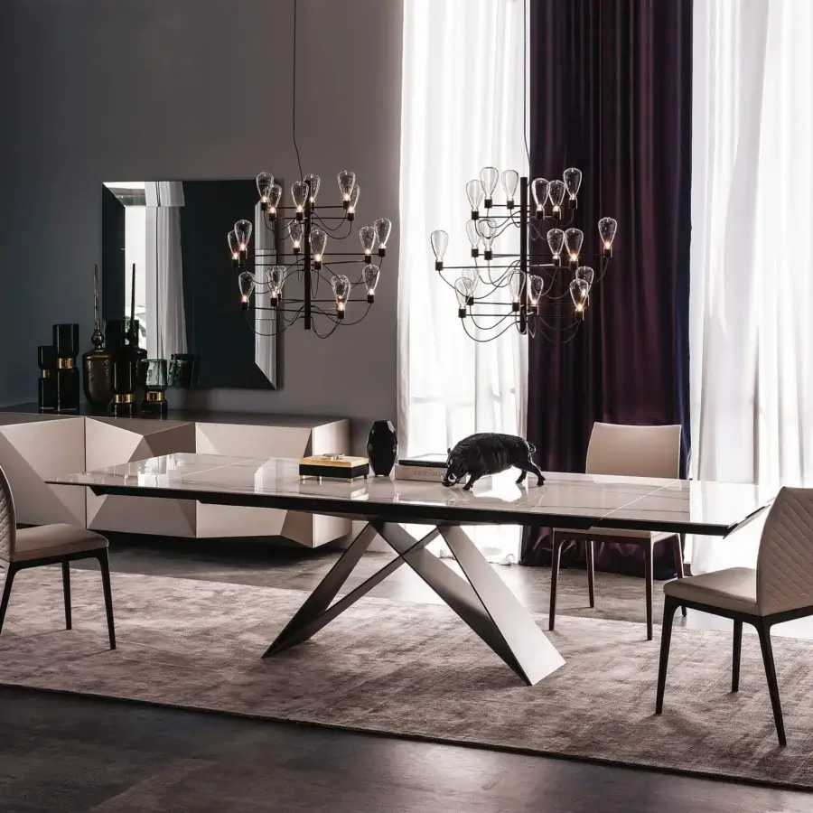 Distinguished Cattelan Italia Premier table with light grey ceramic surface and dark grey matte metal X base