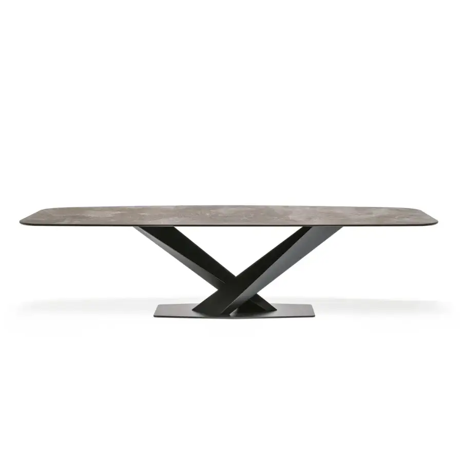 Distinguished Cattelan Italia Stratos Keramik table with mottled grey ceramic top and dark embossed lacquered steel base in matte finish